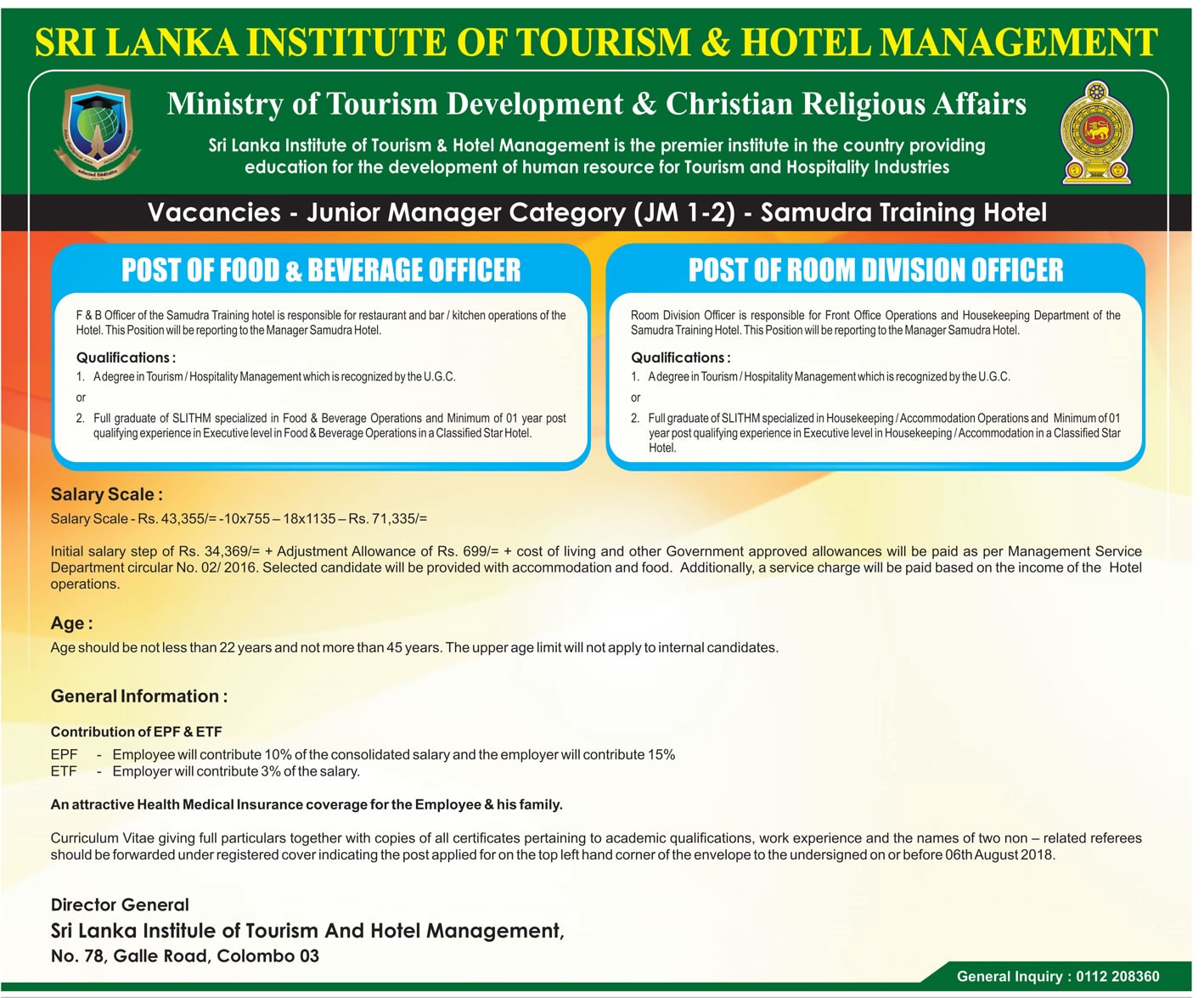 Food & Beverage Officer, Room Division Officer - Sri Lanka Institute of Tourism & Hotel Management